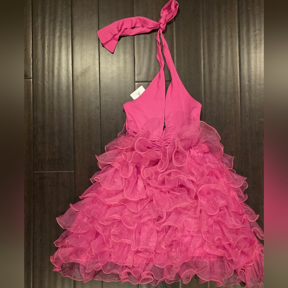 Elegant Pink Ruffled Halter Dress - Picture 2 of 4